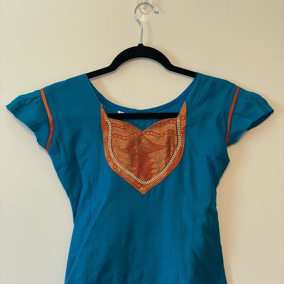 Indian Kaftan 8 short sleeve blouse traditional formal metallic crystal green - Picture 2 of 7